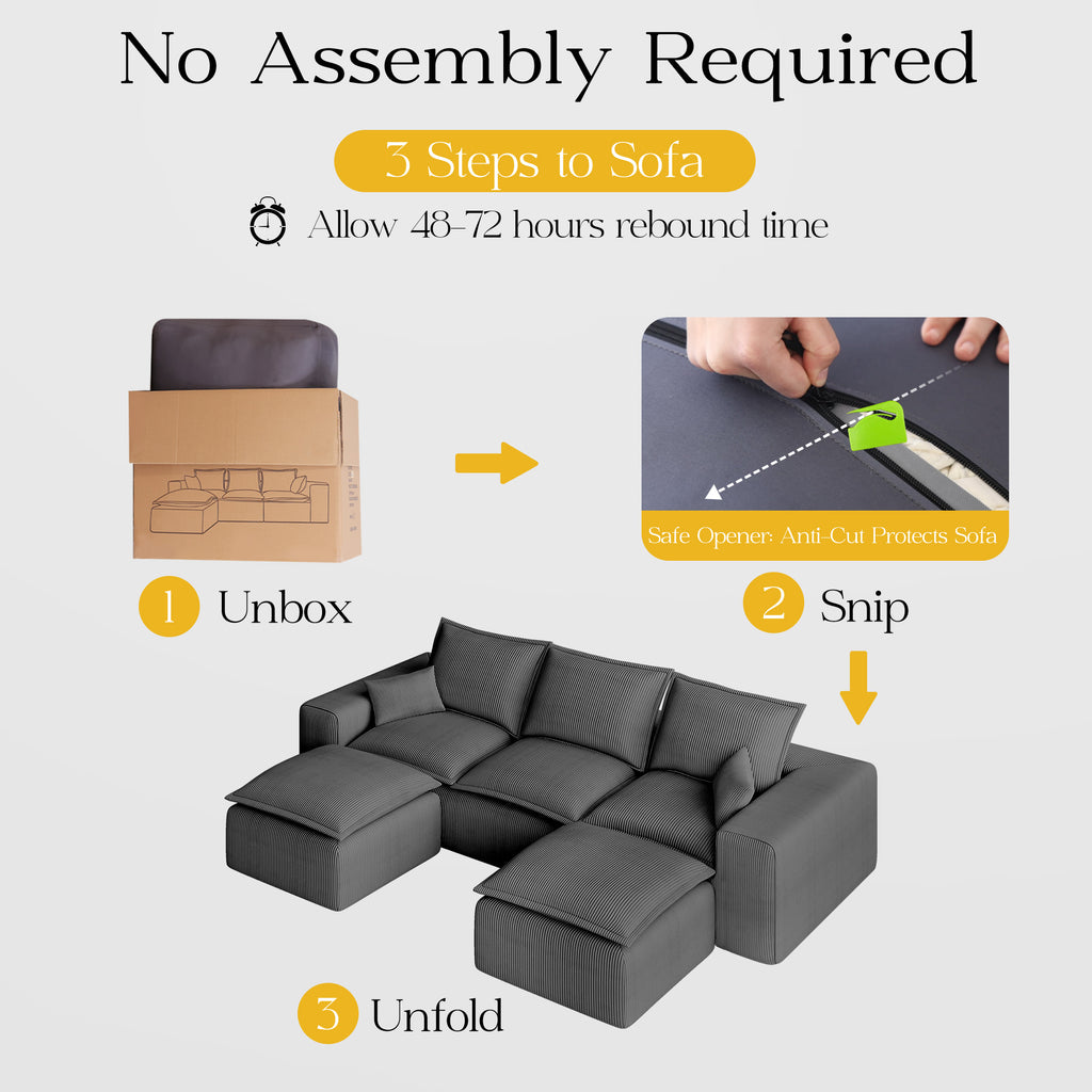 107" U Shaped Corduroy Sofas with Ottoman Sectional Couches for Living Room