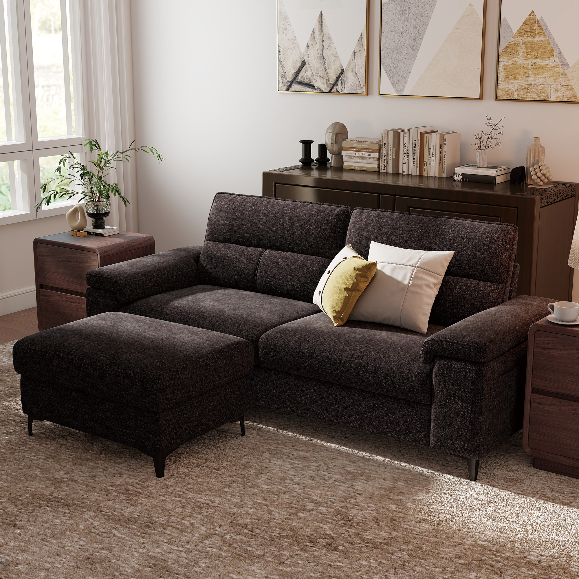3 Seat Chenille Loveseat Sofa With Ottoman Couch Adjustable Armrest for Living Room