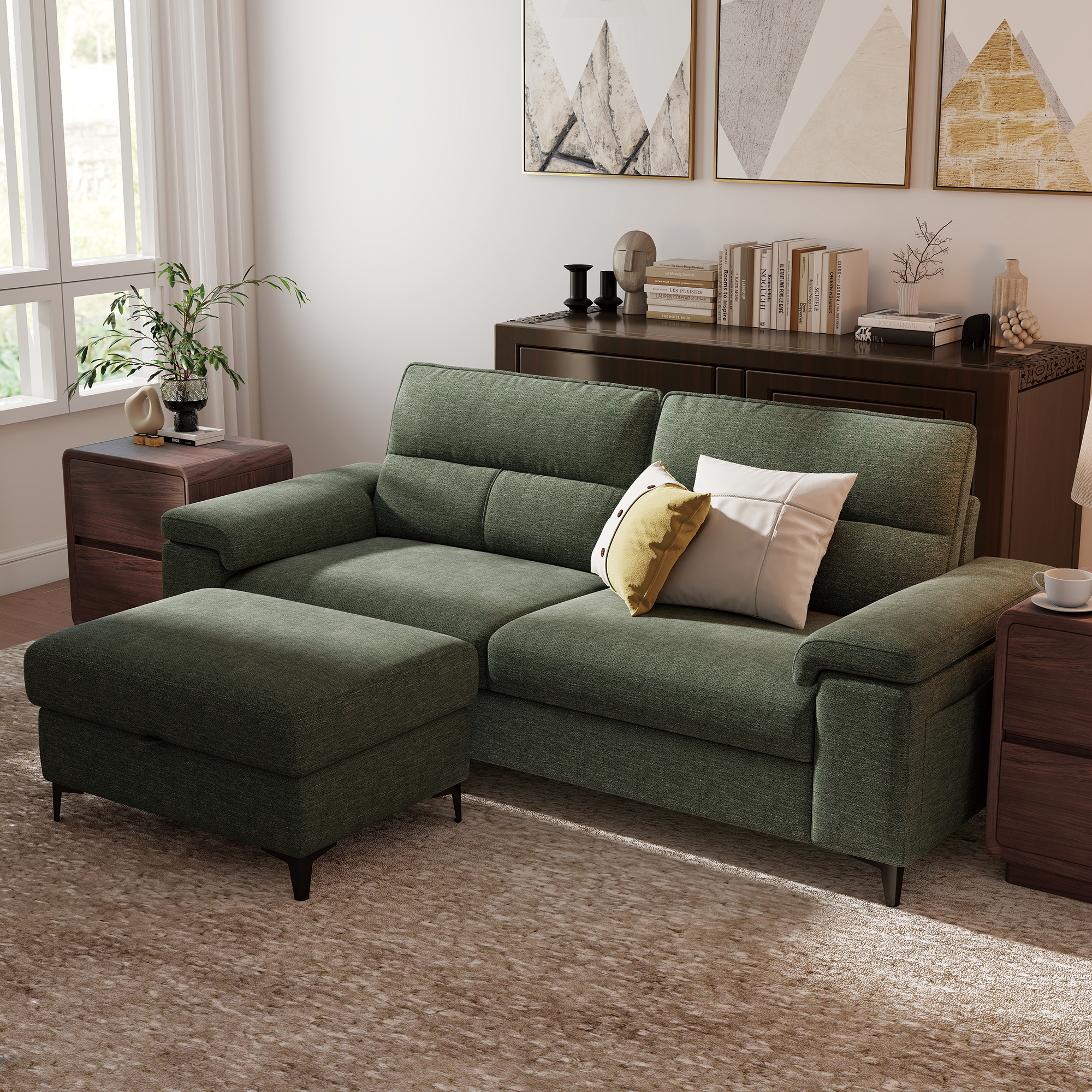 3 Seat Chenille Loveseat Sofa With Ottoman Couch Adjustable Armrest for Living Room