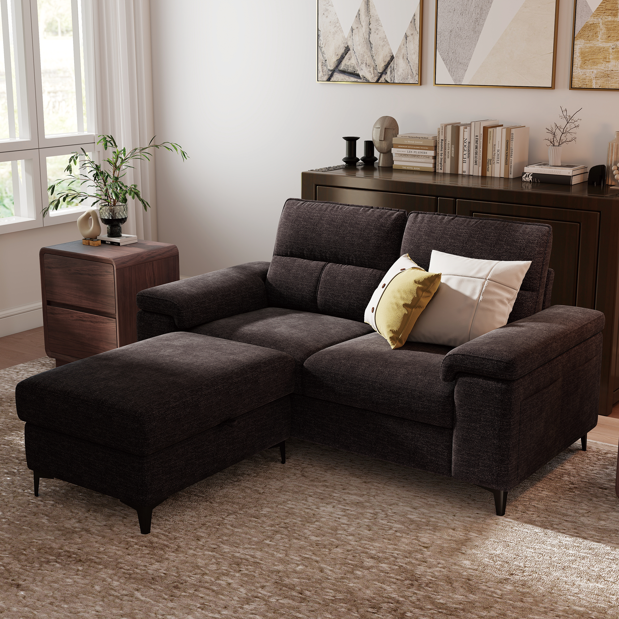 2 Seat Chenille Loveseat Sofa With Ottoman Couch Adjustable Armrest for Living Room