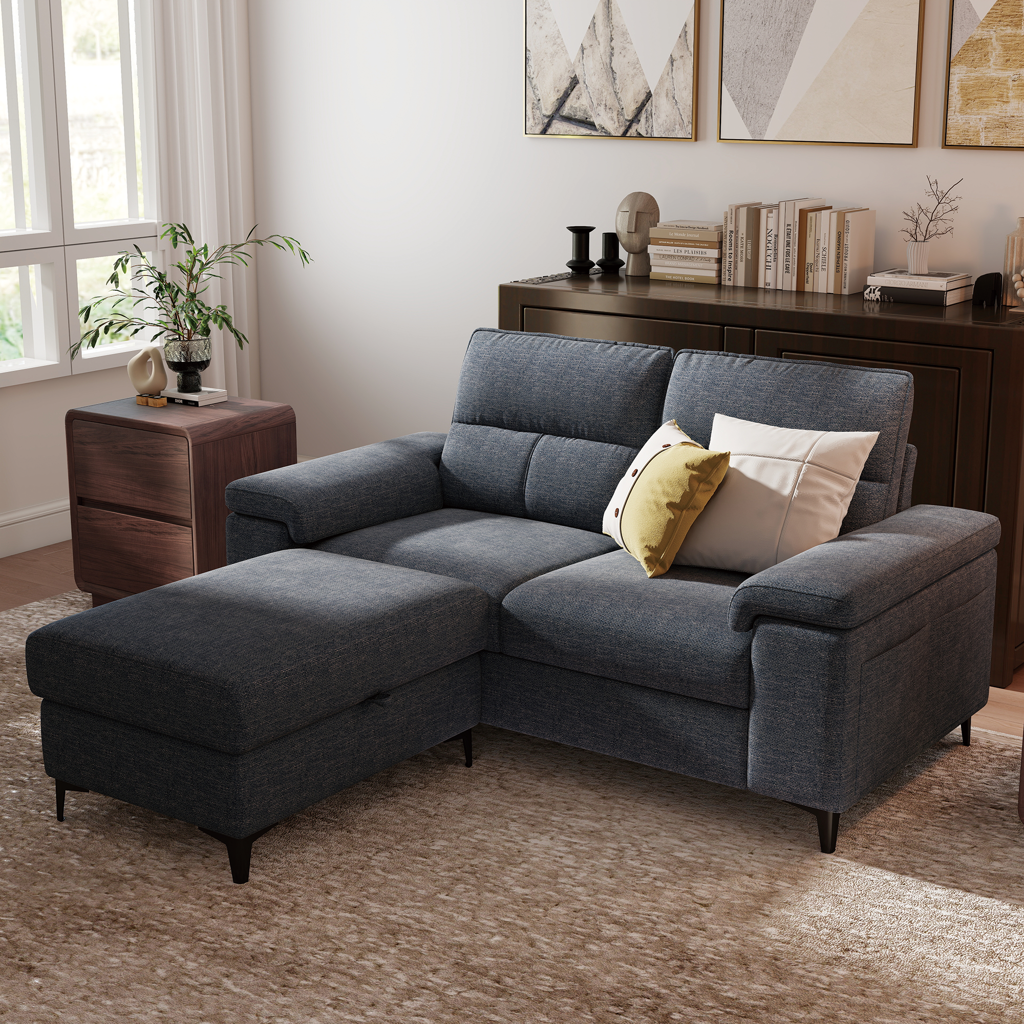 2 Seat Chenille Loveseat Sofa With Ottoman Couch Adjustable Armrest for Living Room