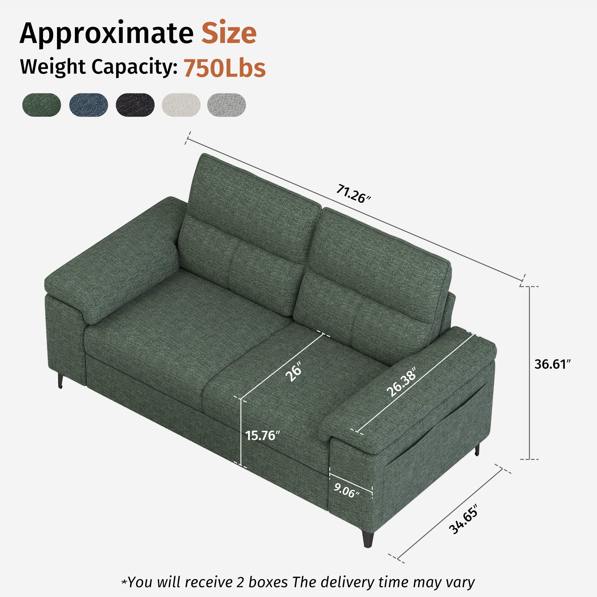 2 Seat Chenille Loveseat Sofa Couch Adjustable Armrest for Living Room