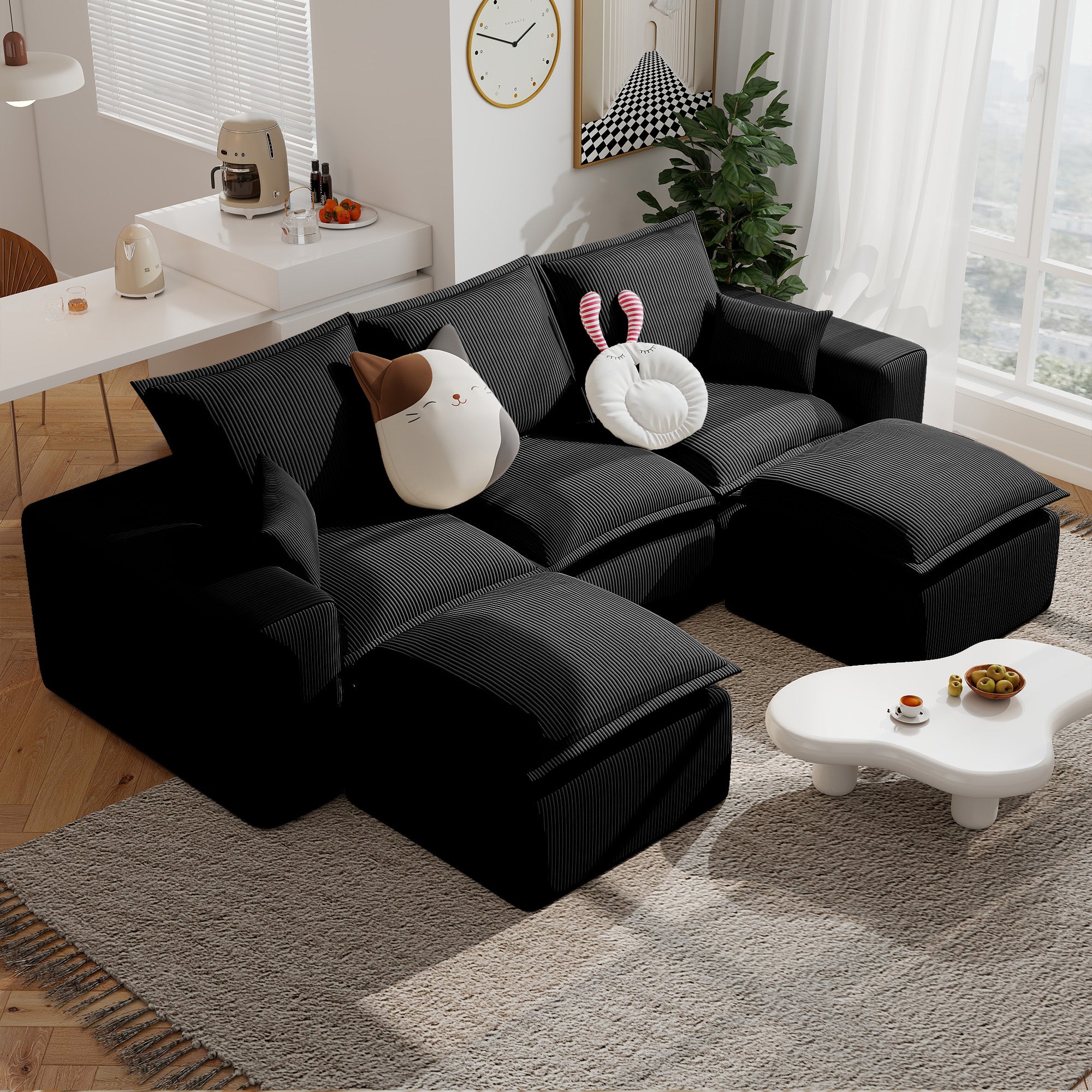 107" U Shaped Corduroy Sofas with Ottoman Sectional Couches for Living Room