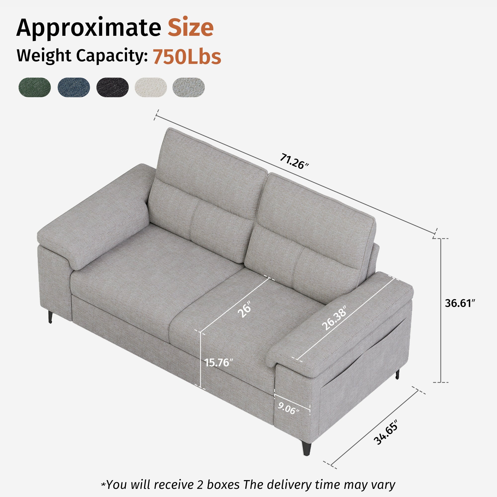 2 Seat Chenille Loveseat Sofa Couch Adjustable Armrest for Living Room