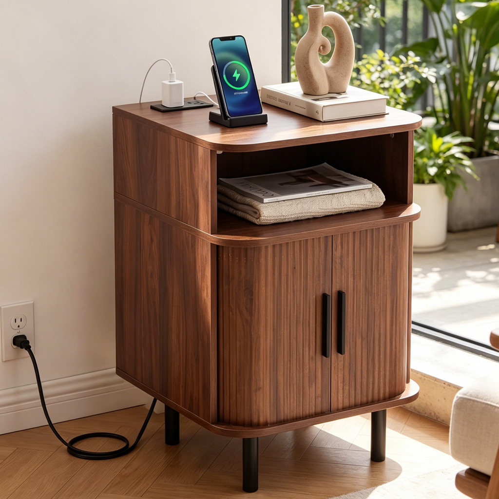 Nightstand with Built-in Charging Station, Modern Oval End Table with Storage