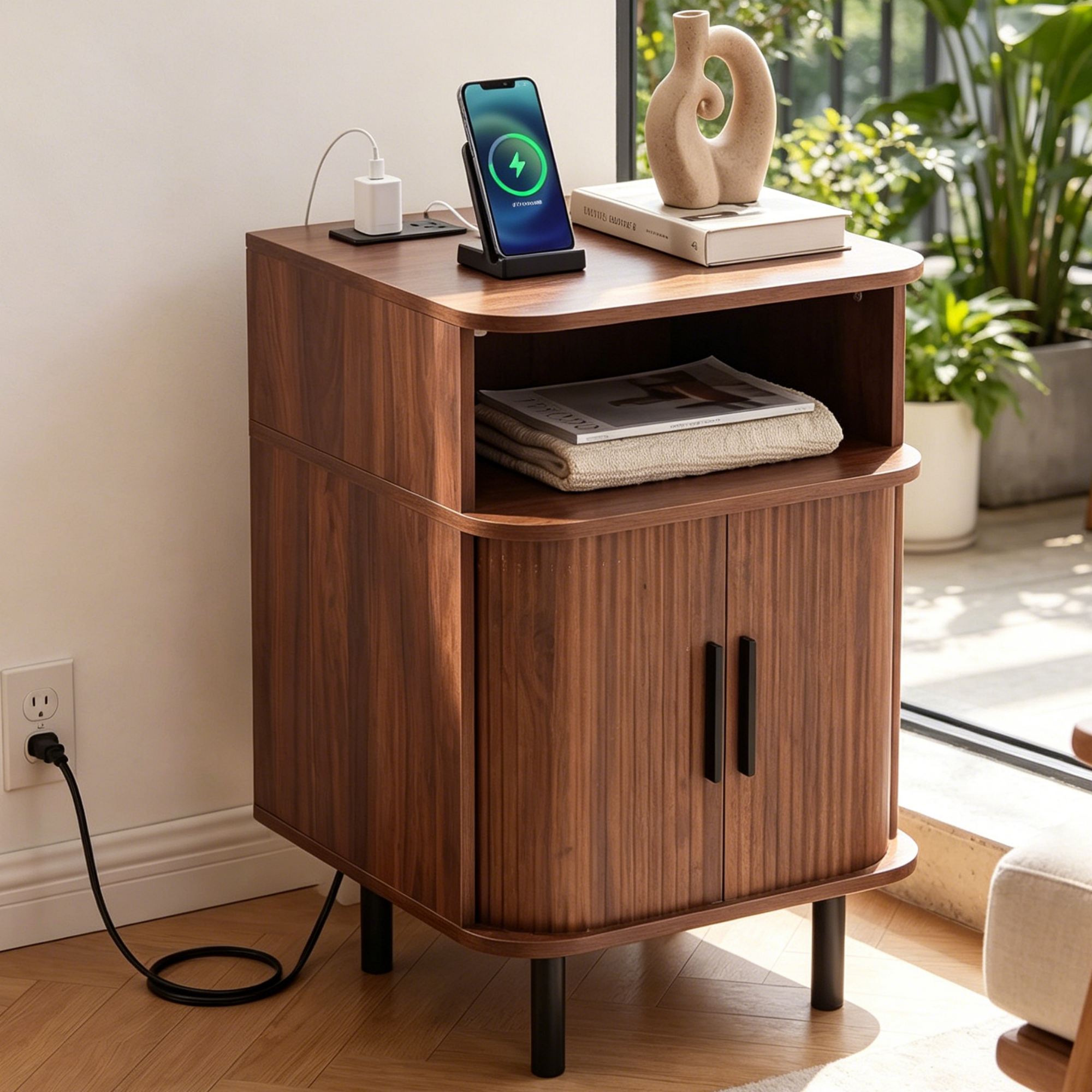 Nightstand with Built-in Charging Station, Modern Oval End Table with Storage
