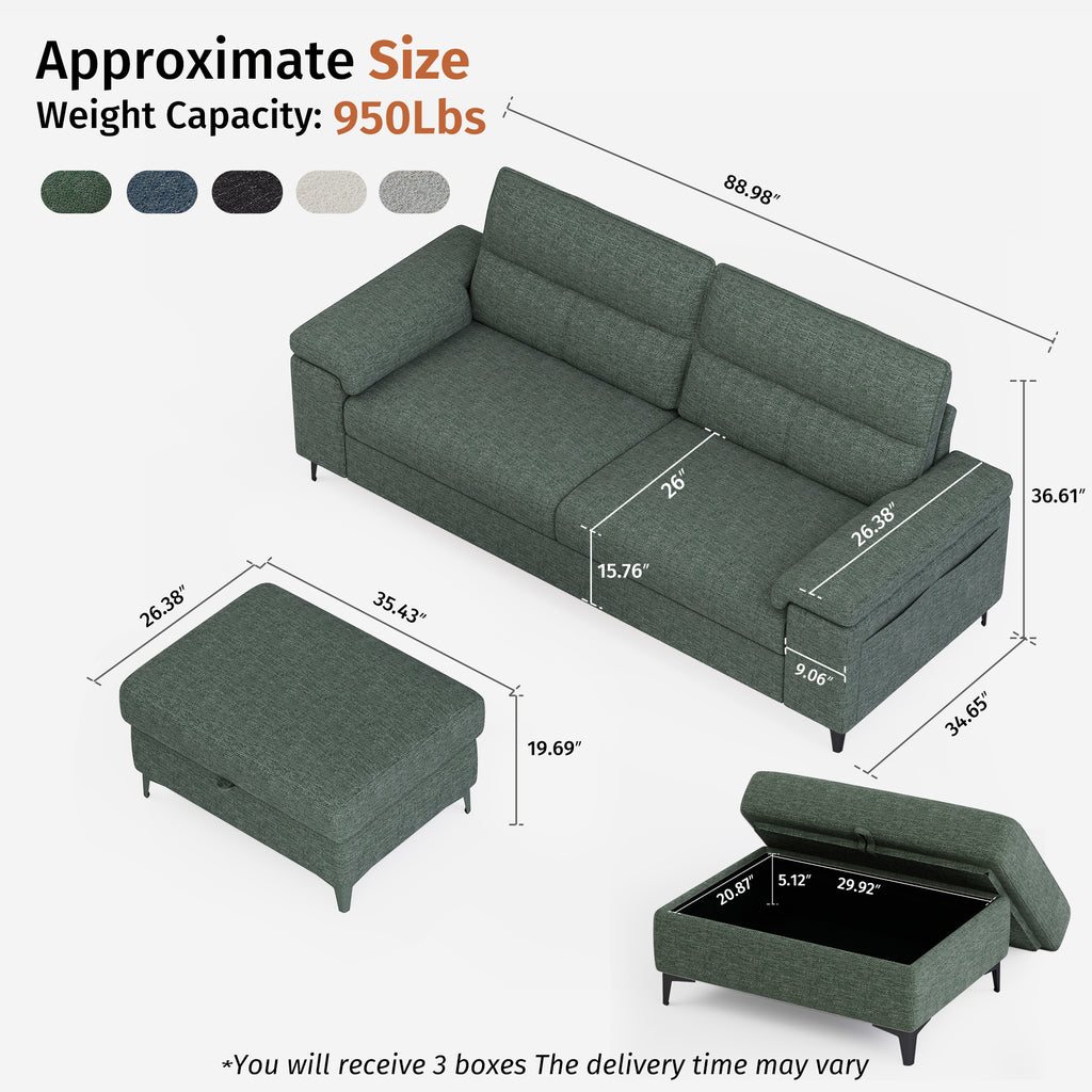 3 Seat Chenille Loveseat Sofa With Ottoman Couch Adjustable Armrest for Living Room