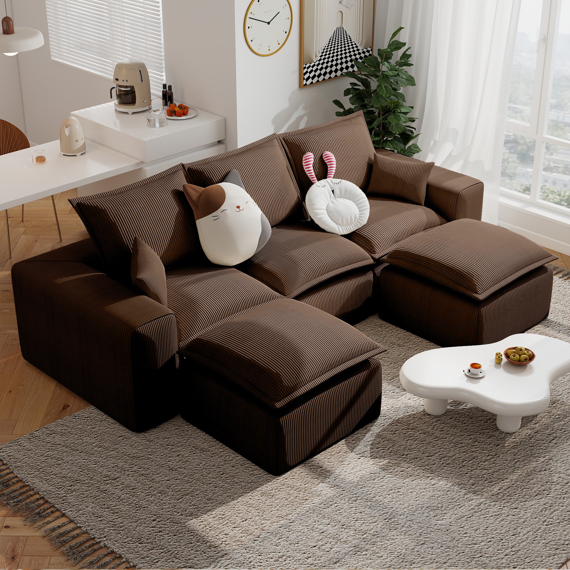 107" U Shaped Corduroy Sofas with Ottoman Sectional Couches for Living Room