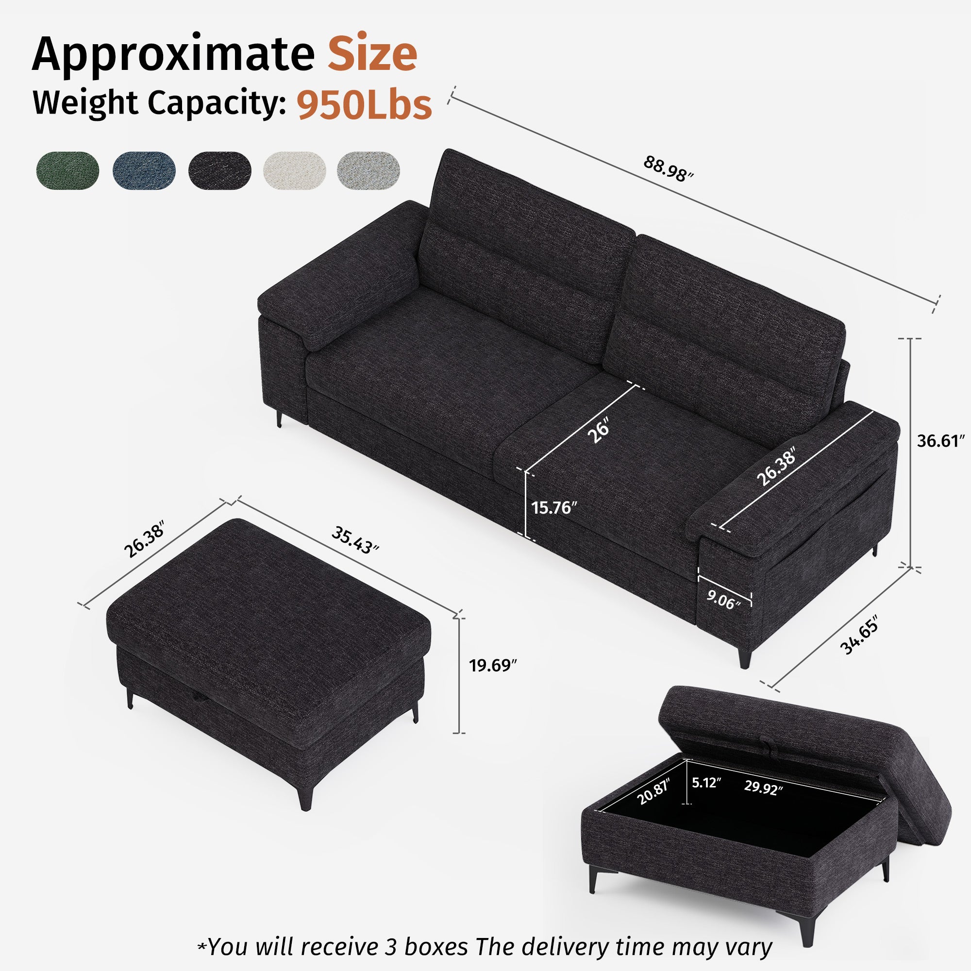 3 Seat Chenille Loveseat Sofa With Ottoman Couch Adjustable Armrest for Living Room