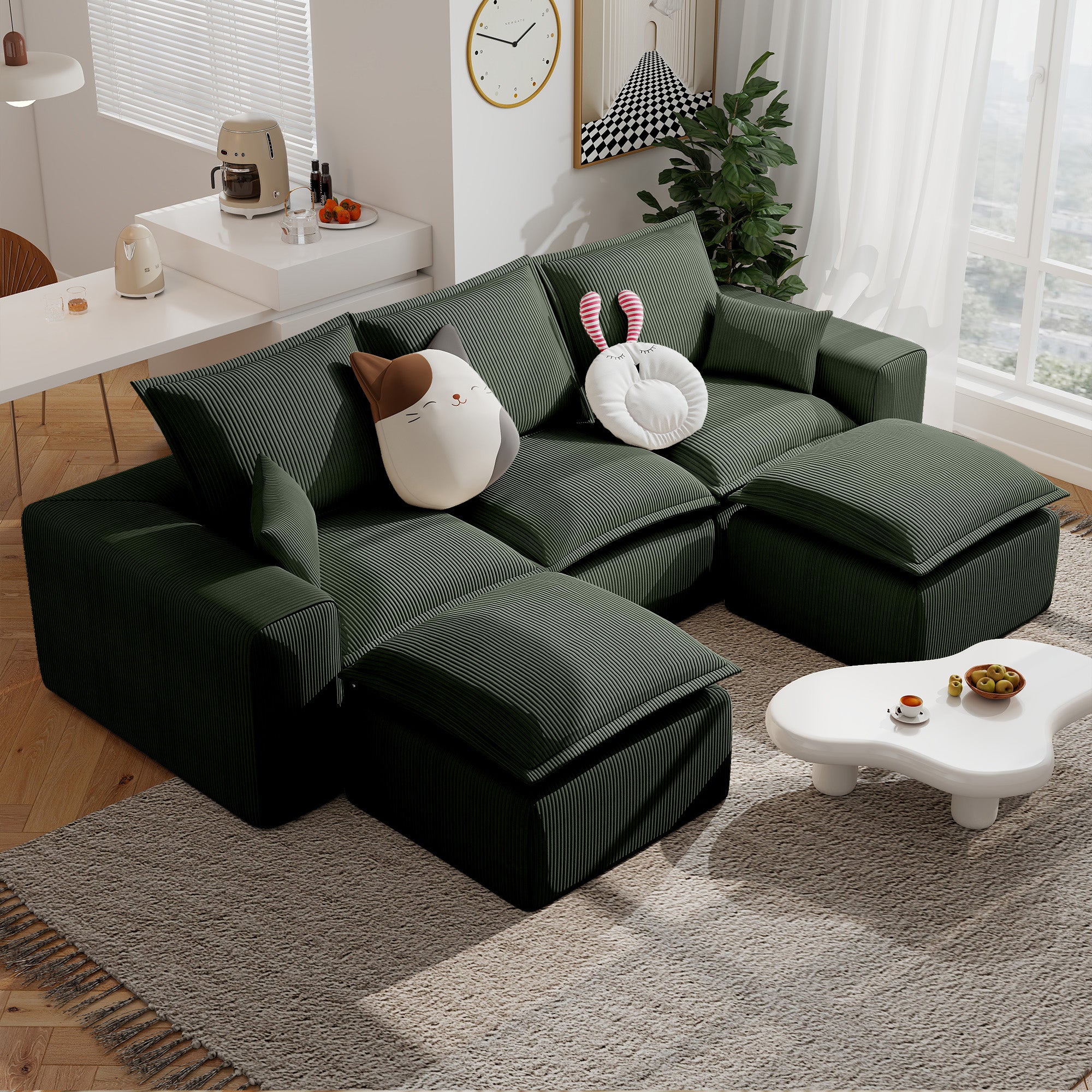 107" U Shaped Corduroy Sofas with Ottoman Sectional Couches for Living Room