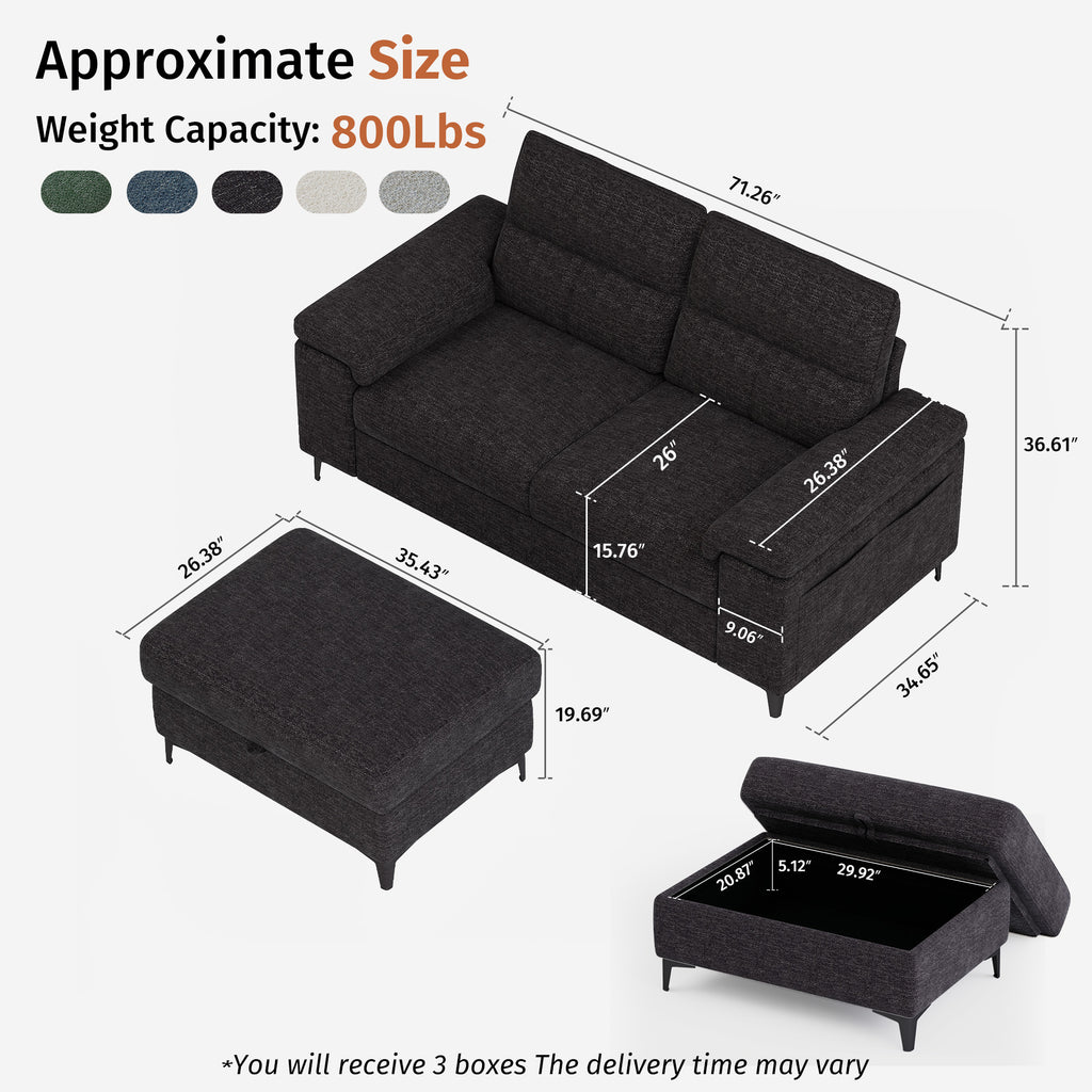 2 Seat Chenille Loveseat Sofa With Ottoman Couch Adjustable Armrest for Living Room