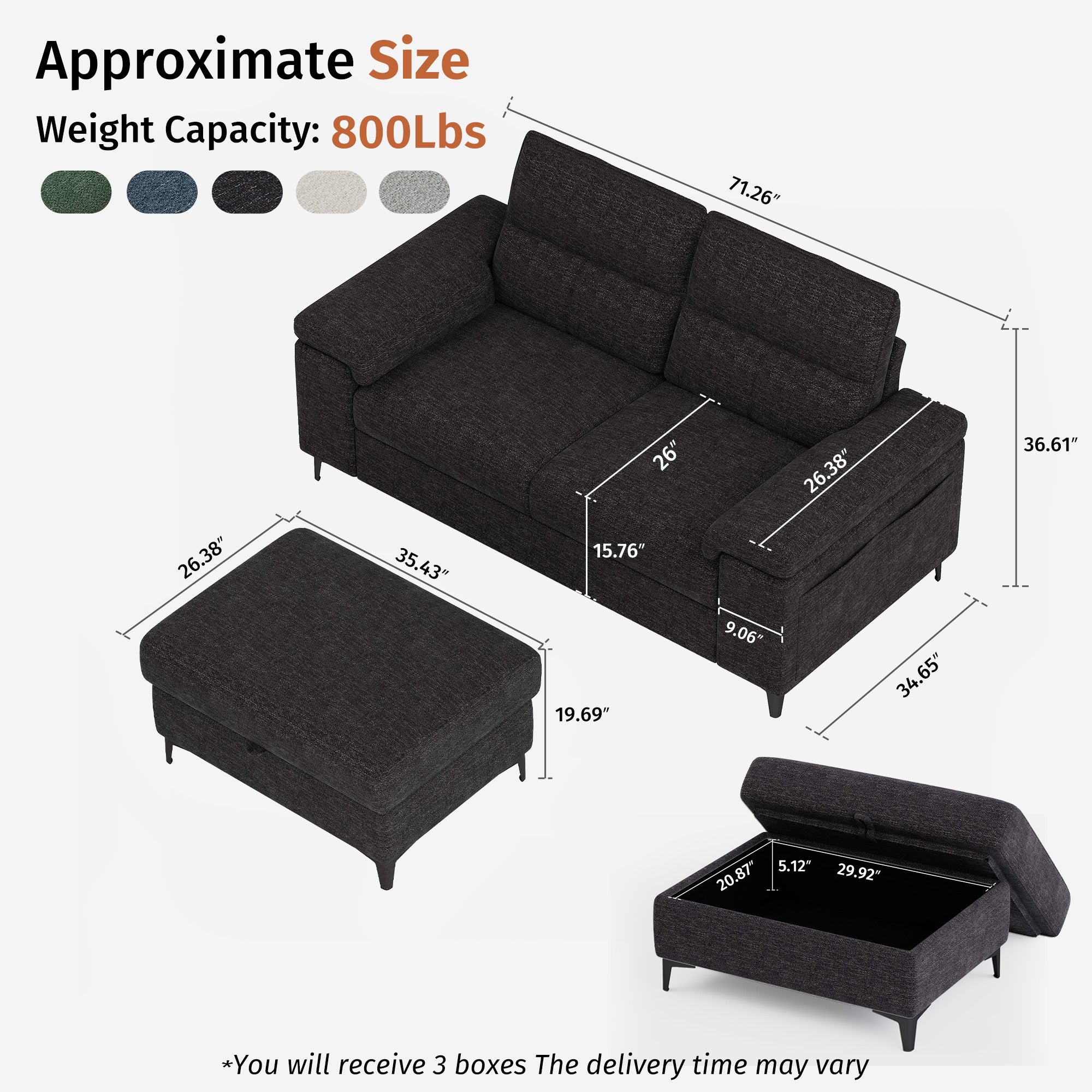 2 Seat Chenille Loveseat Sofa With Ottoman Couch Adjustable Armrest for Living Room