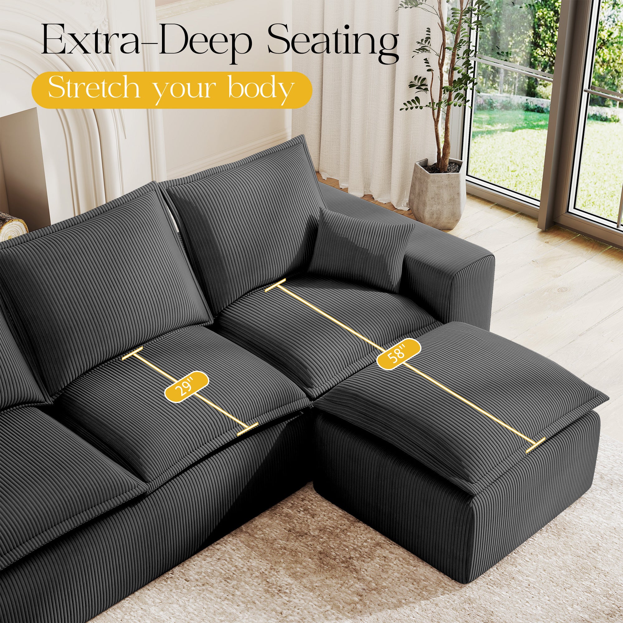 107" U Shaped Corduroy Sofas with Ottoman Sectional Couches for Living Room