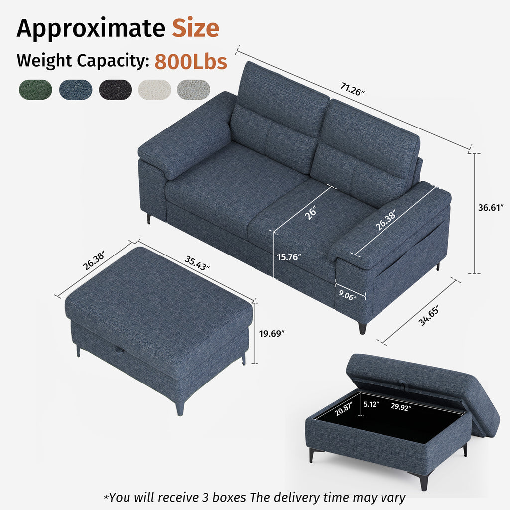 2 Seat Chenille Loveseat Sofa With Ottoman Couch Adjustable Armrest for Living Room