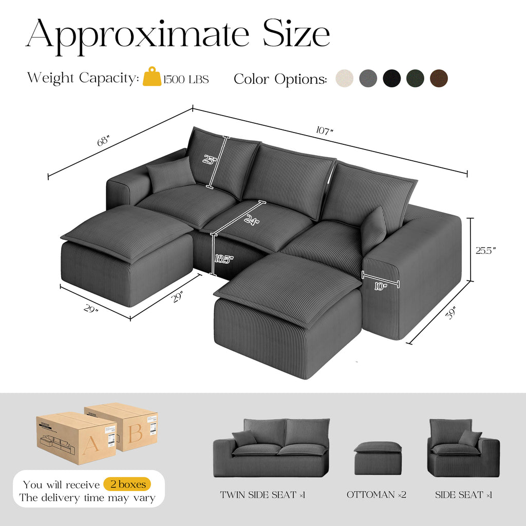 107" U Shaped Corduroy Sofas with Ottoman Sectional Couches for Living Room