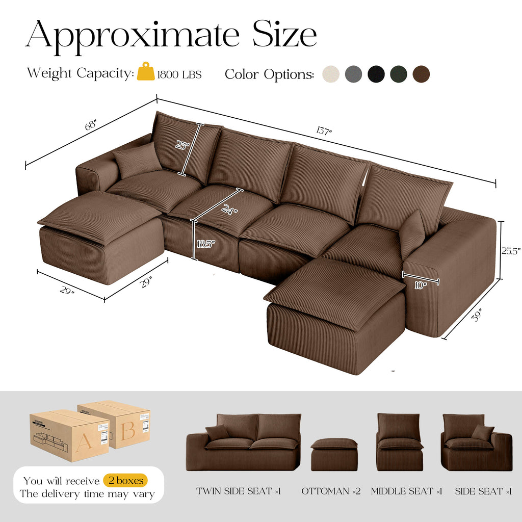 137”U Shaped Modular Sectional Sofa Corduroy for Living Room