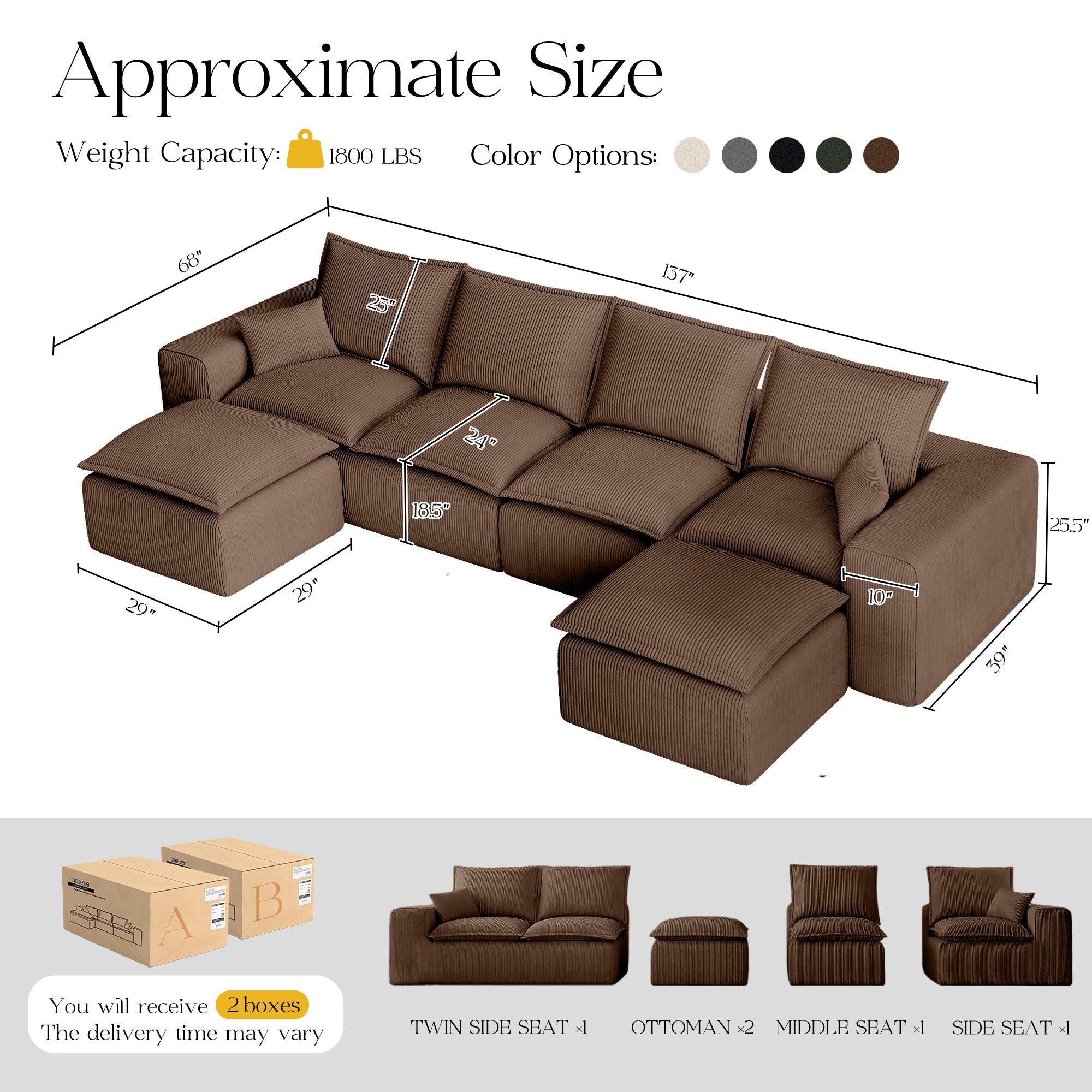 137”U Shaped Modular Sectional Sofa Corduroy for Living Room