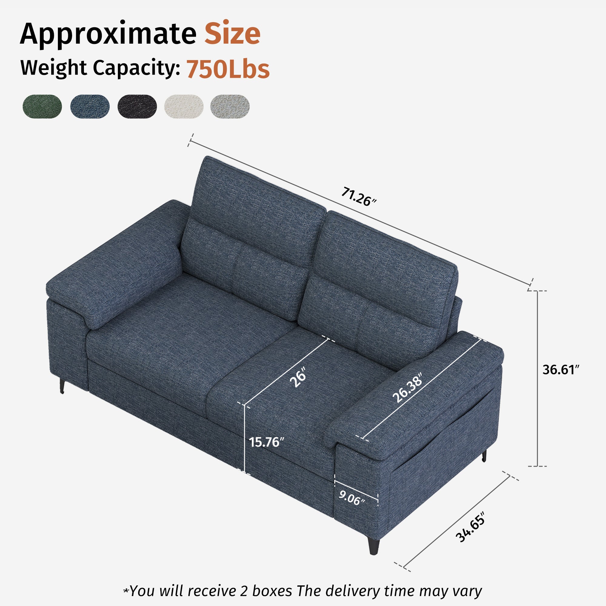 2 Seat Chenille Loveseat Sofa Couch Adjustable Armrest for Living Room