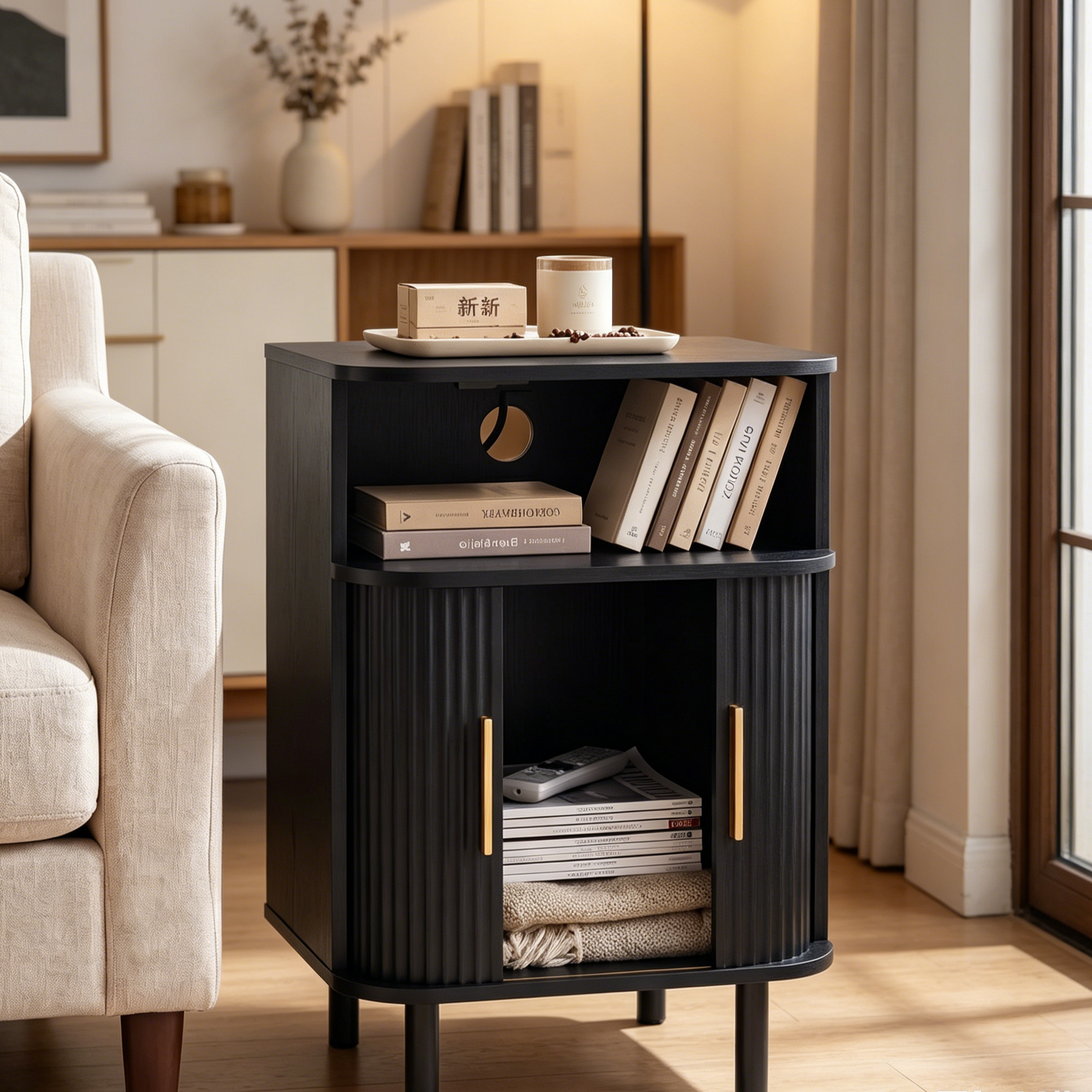 Nightstand with Built-in Charging Station, Modern Oval End Table with Storage