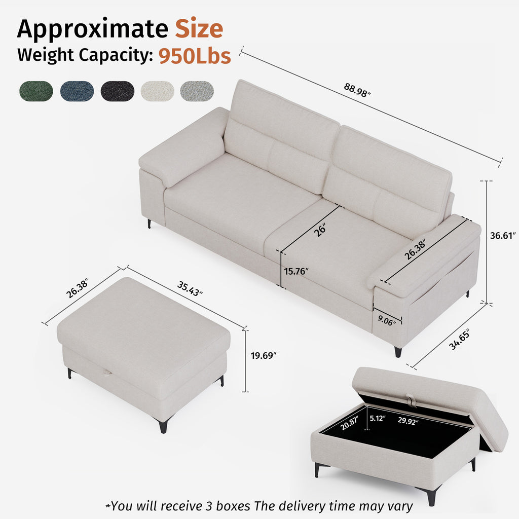 3 Seat Chenille Loveseat Sofa With Ottoman Couch Adjustable Armrest for Living Room