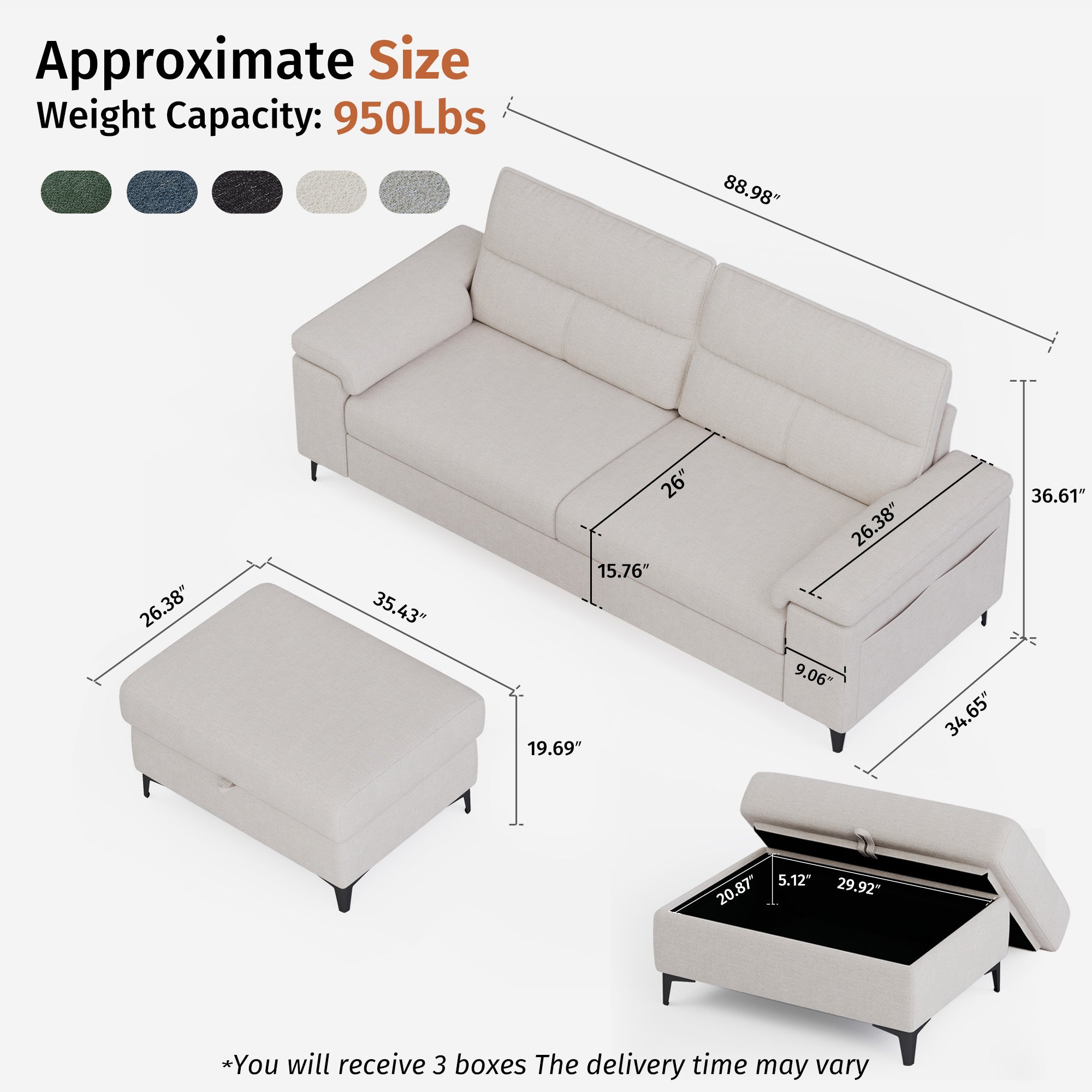 3 Seat Chenille Loveseat Sofa With Ottoman Couch Adjustable Armrest for Living Room