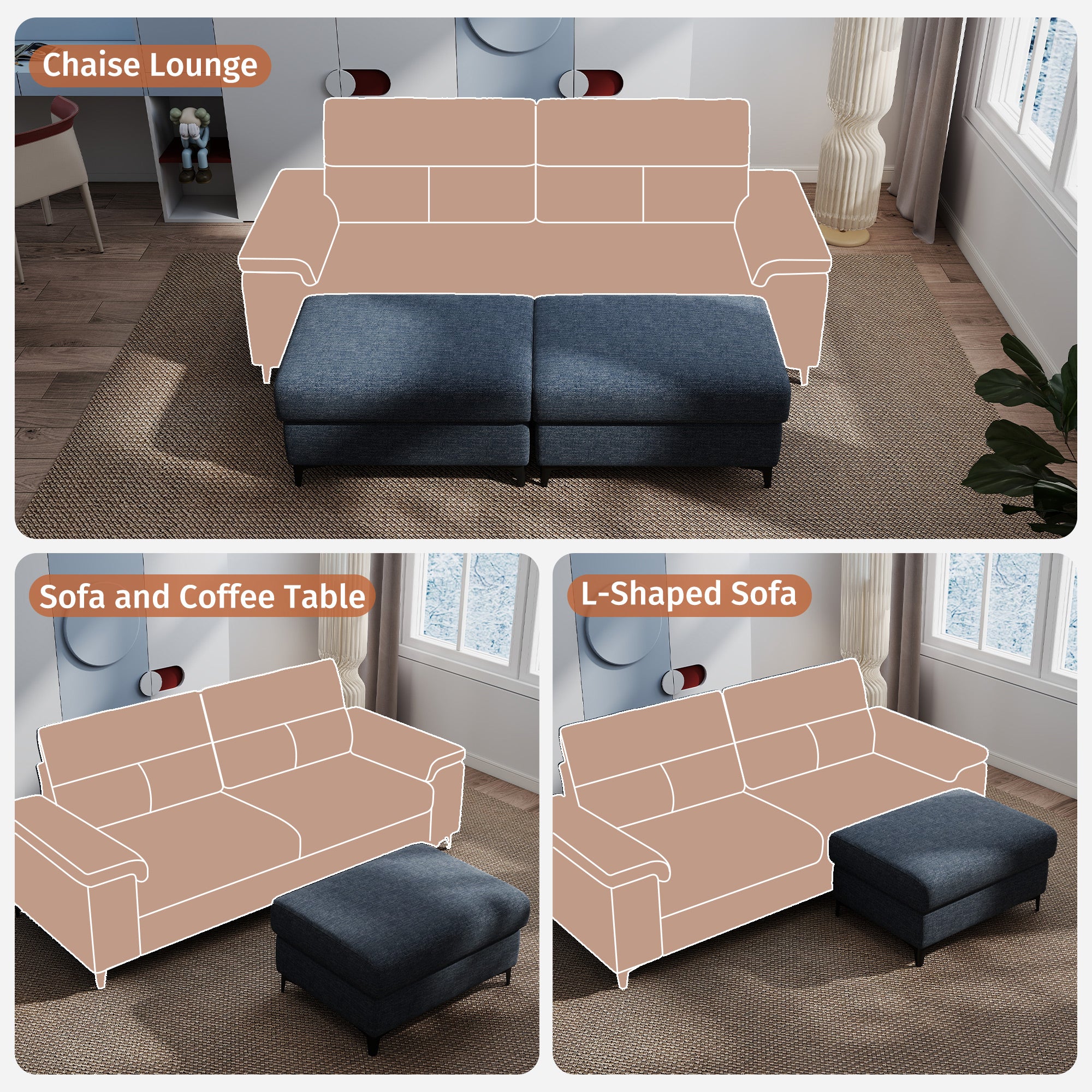 Modular Storage Ottoman for Sectional Sofa Loveseat Footrest