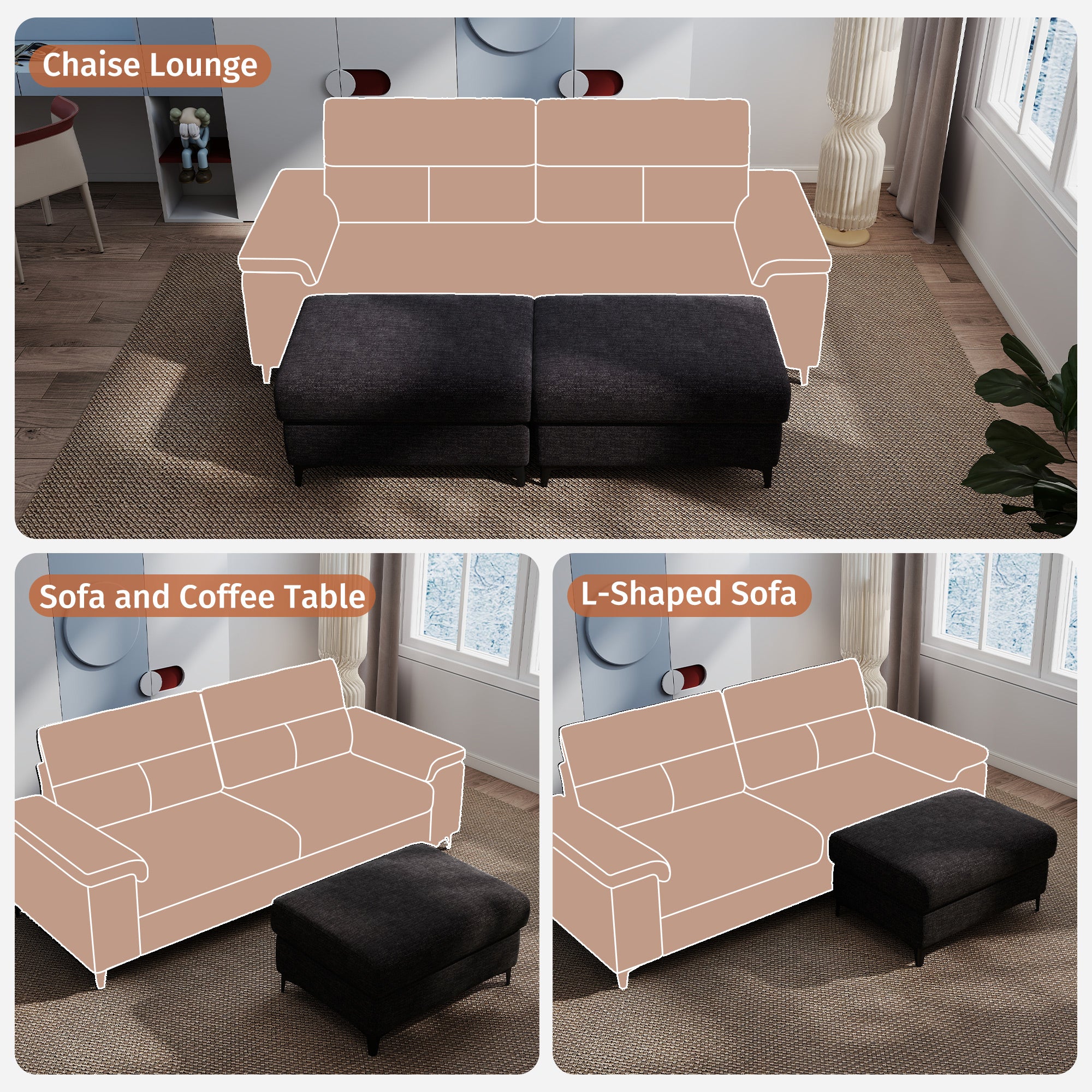 Modular Storage Ottoman for Sectional Sofa Loveseat Footrest