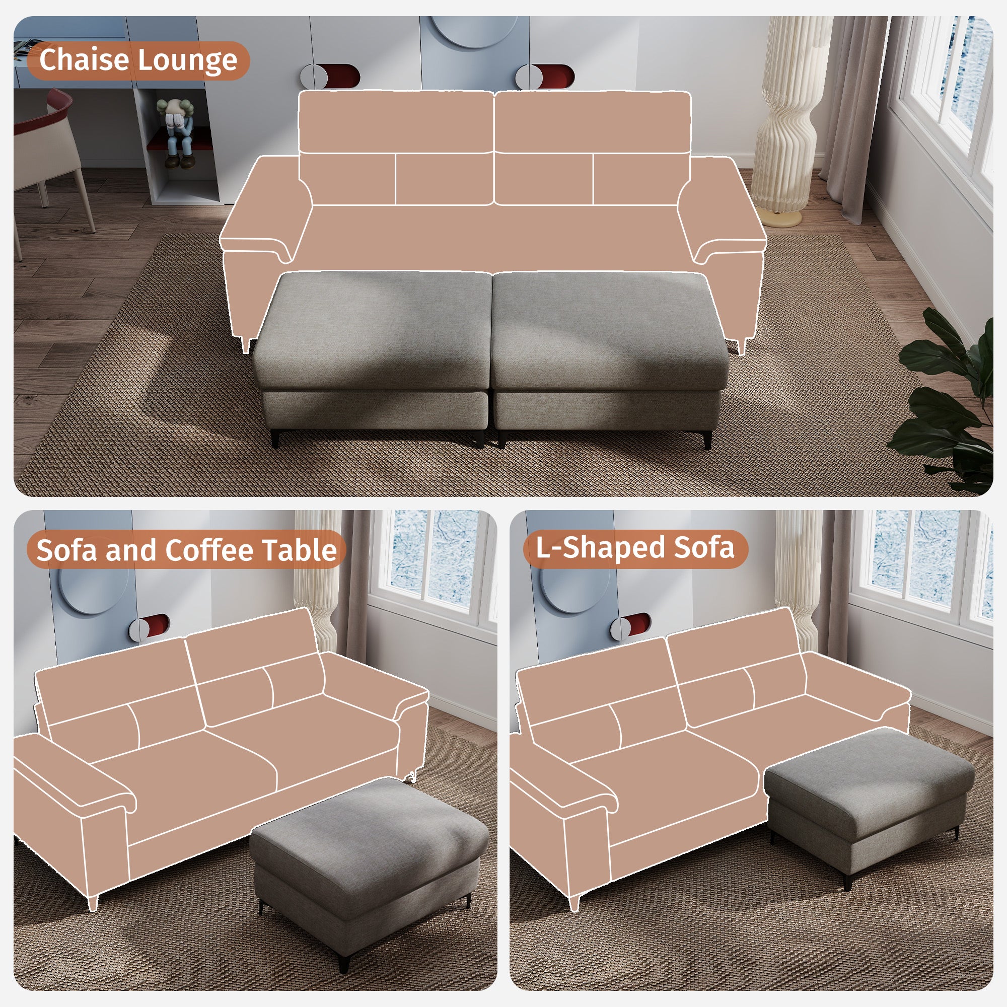 Modular Storage Ottoman for Sectional Sofa Loveseat Footrest