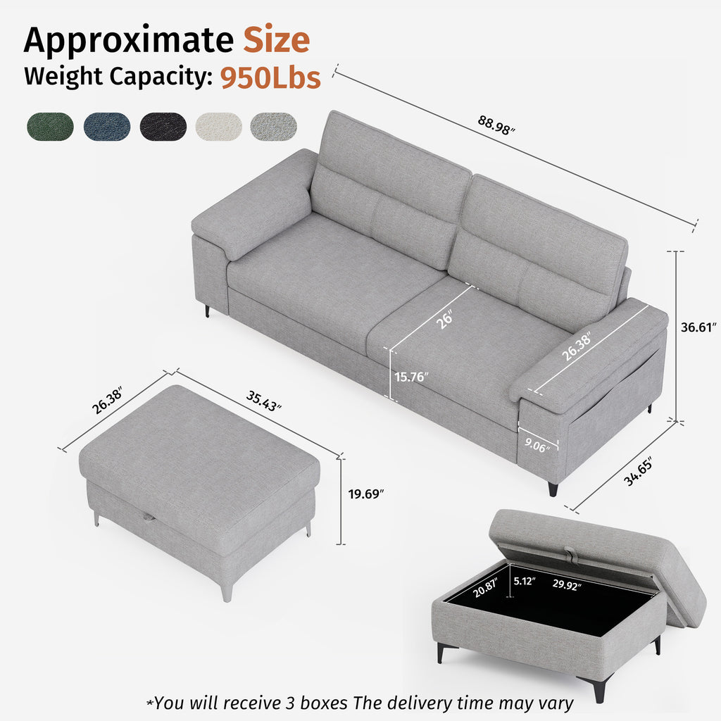 3 Seat Chenille Loveseat Sofa With Ottoman Couch Adjustable Armrest for Living Room