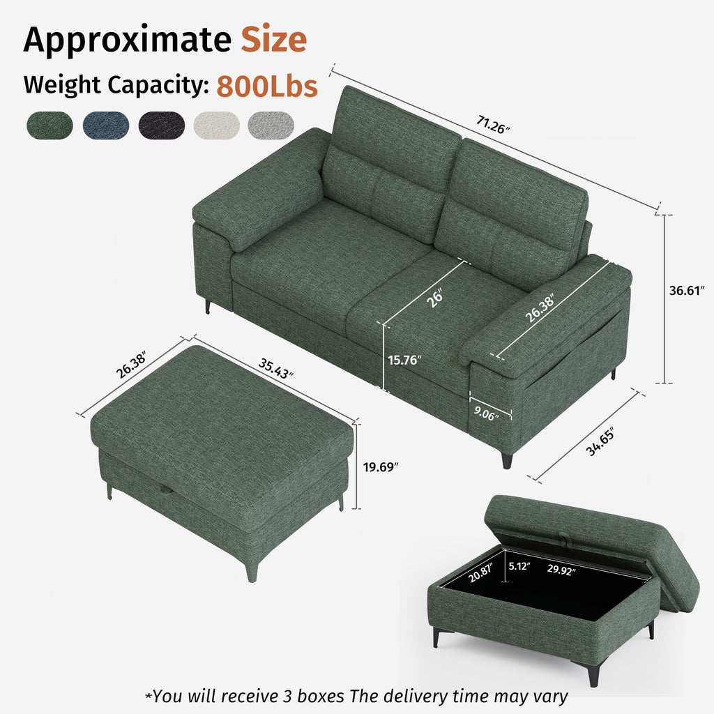 2 Seat Chenille Loveseat Sofa With Ottoman Couch Adjustable Armrest for Living Room