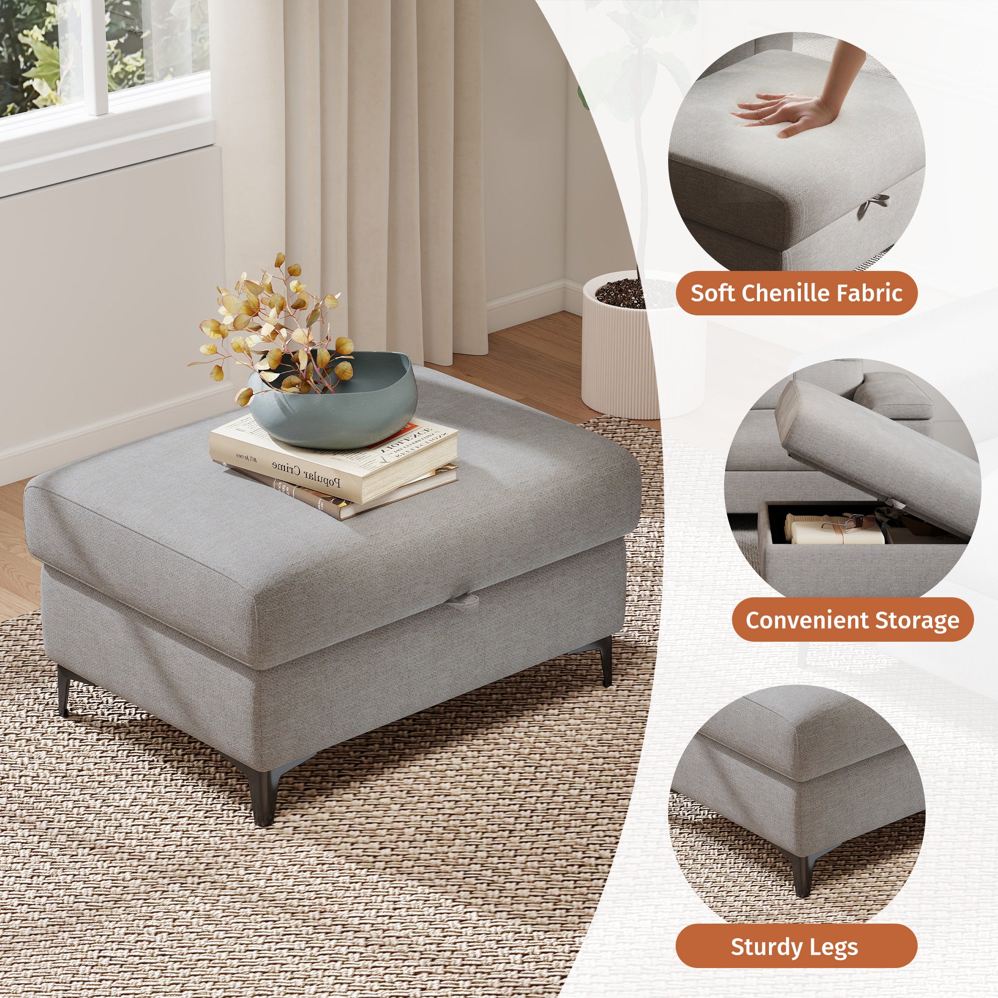 Modular Storage Ottoman for Sectional Sofa Loveseat Footrest