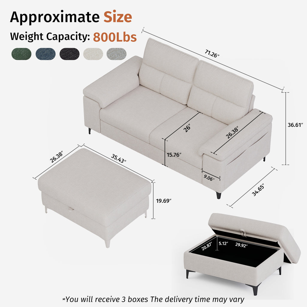 2 Seat Chenille Loveseat Sofa With Ottoman Couch Adjustable Armrest for Living Room
