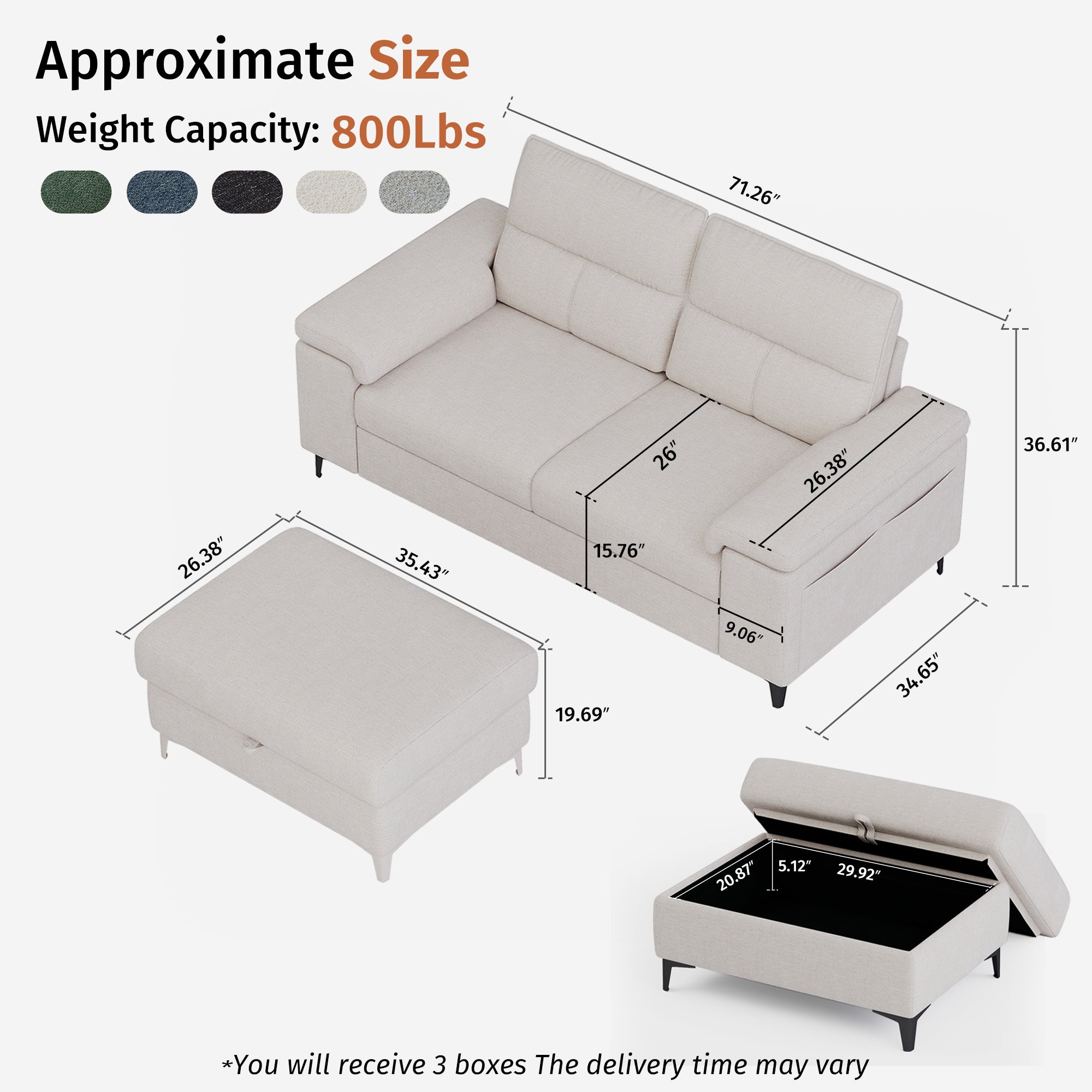 2 Seat Chenille Loveseat Sofa With Ottoman Couch Adjustable Armrest for Living Room