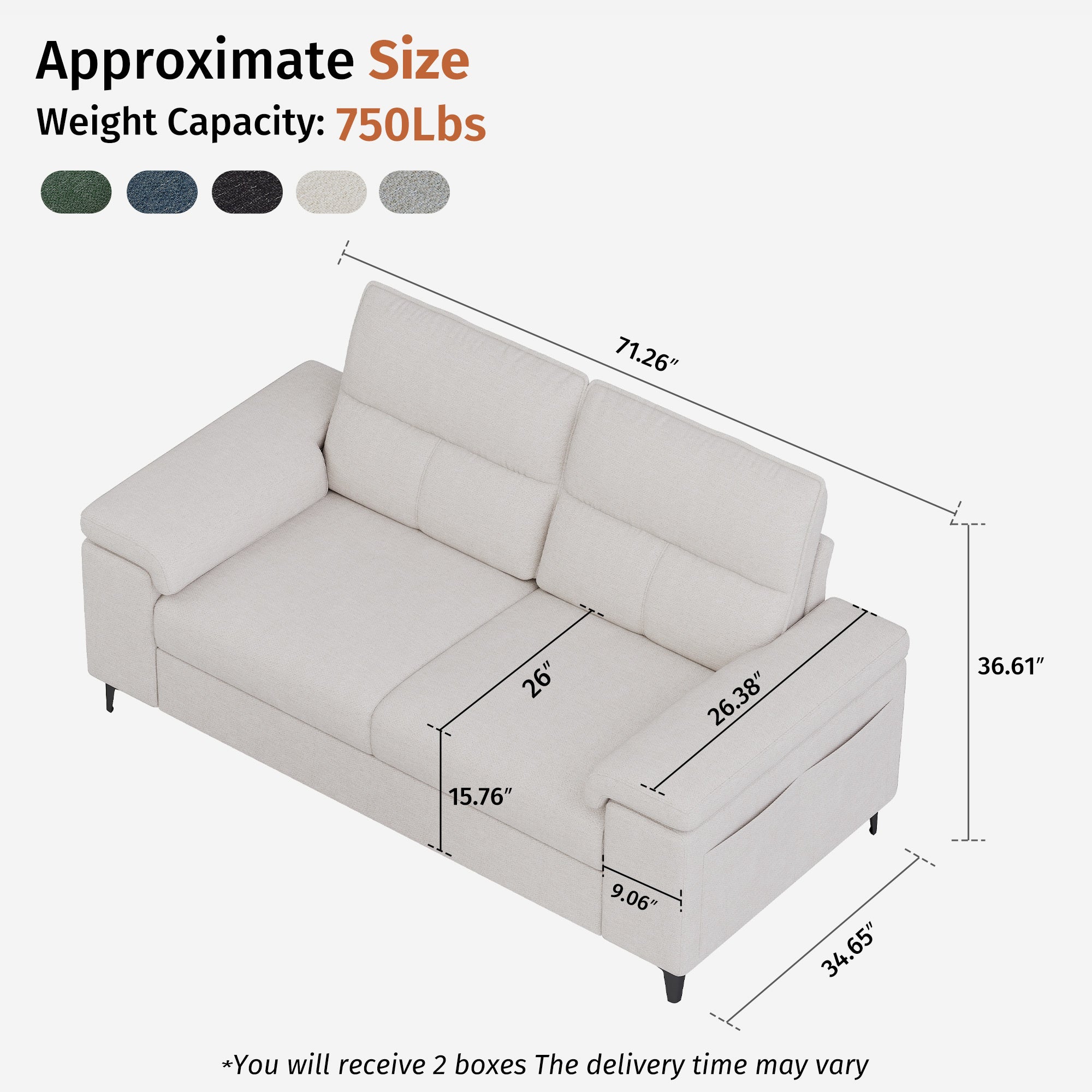 2 Seat Chenille Loveseat Sofa Couch Adjustable Armrest for Living Room