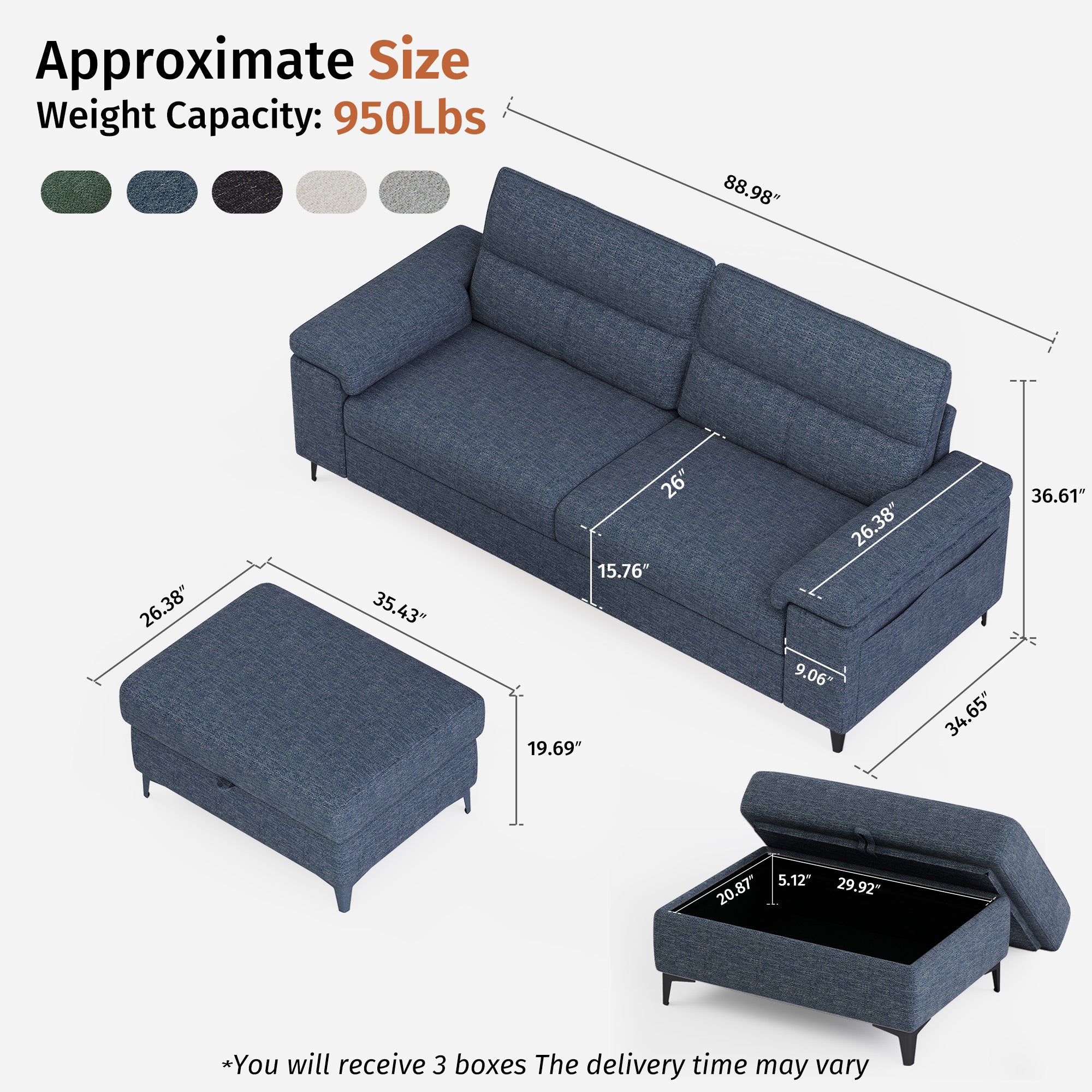 3 Seat Chenille Loveseat Sofa With Ottoman Couch Adjustable Armrest for Living Room