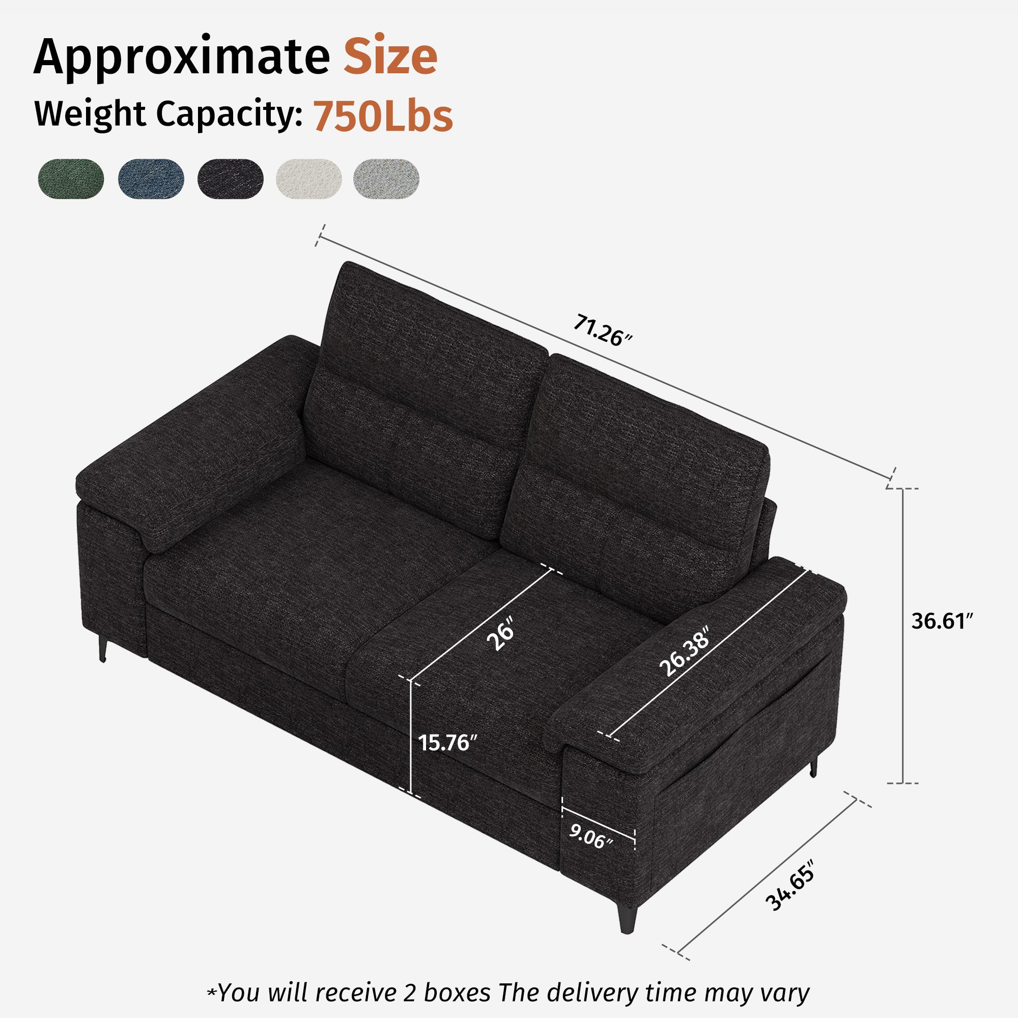 2 Seat Chenille Loveseat Sofa Couch Adjustable Armrest for Living Room