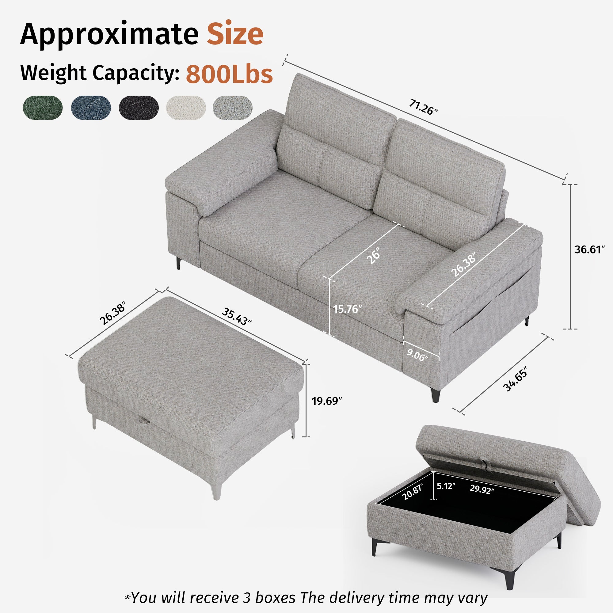 2 Seat Chenille Loveseat Sofa With Ottoman Couch Adjustable Armrest for Living Room