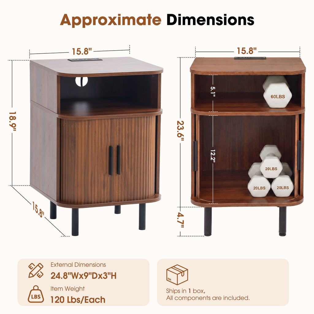 Nightstand with Built-in Charging Station, Modern Oval End Table with Storage