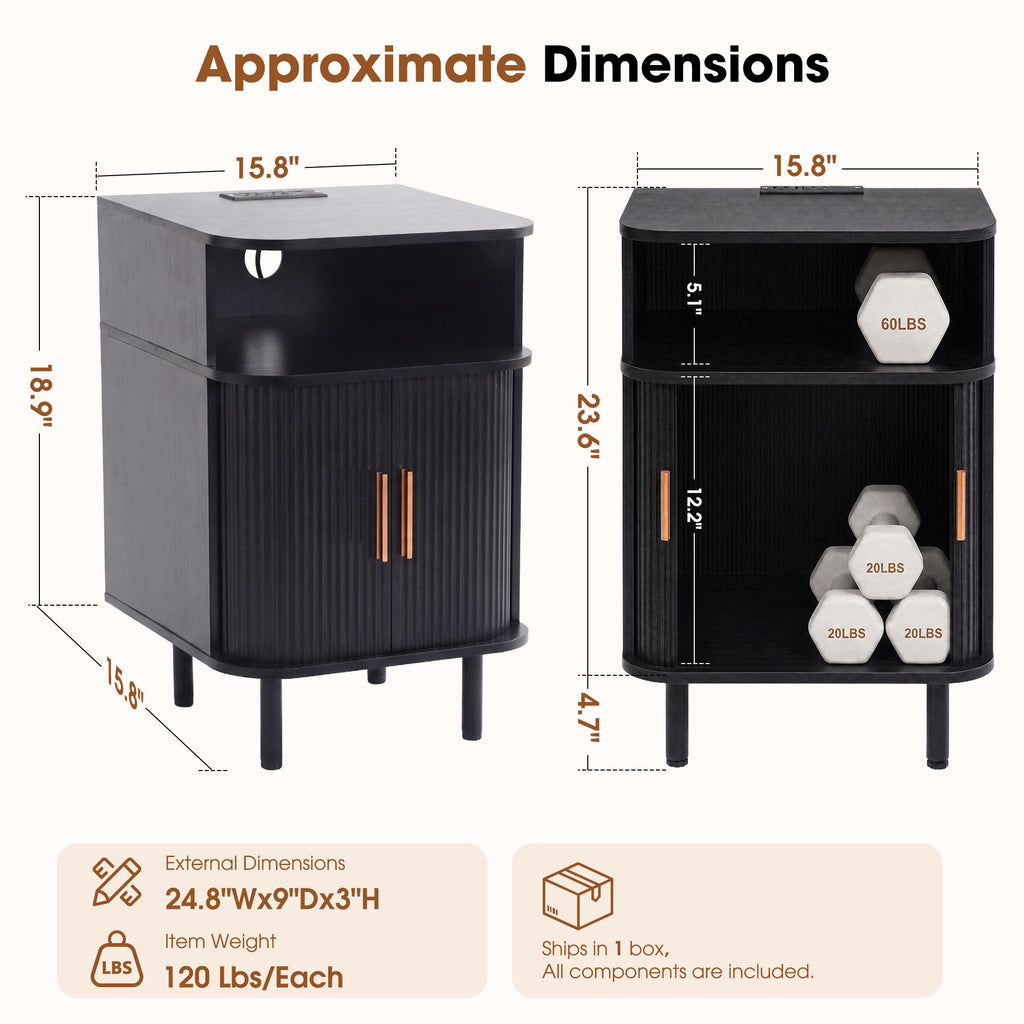 Nightstand with Built-in Charging Station, Modern Oval End Table with Storage